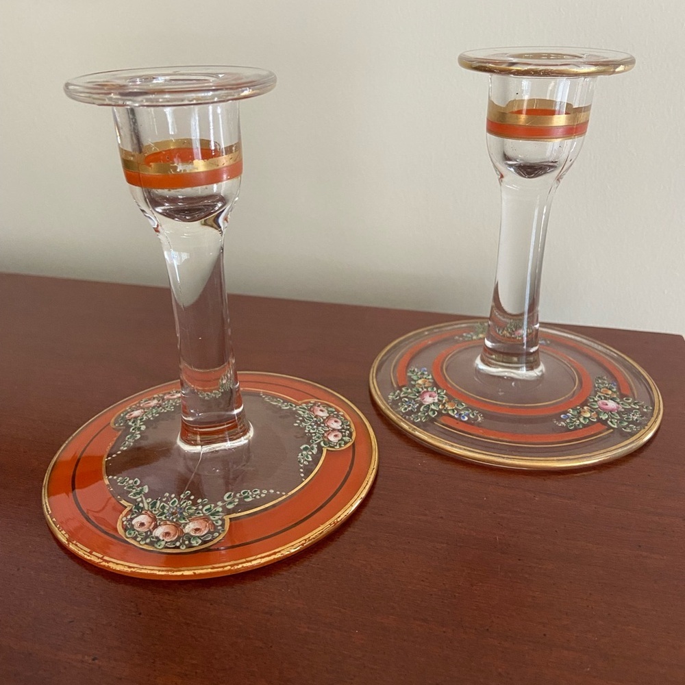 Vintage Set of 2 Candlesticks Clear w/ Hand painted Orange, Gold & Flowers
